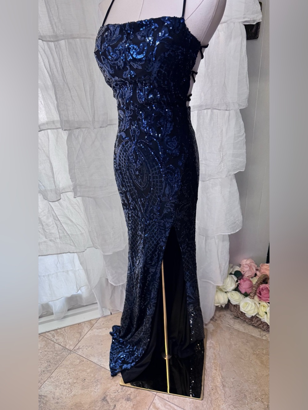 Windsor Navy Sequin Halter Gown with Thigh Slit - Picture 5 of 16